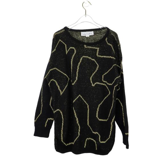 Kate Collins 1990s Vintage Black & Gold Chunky Knit Retro Sweater Medium Large - Picture 4 of 7